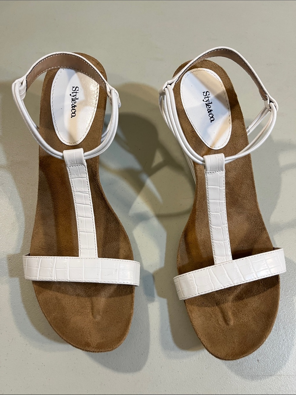 Style & Co. White Croc-Embossed T-Strap Sandals